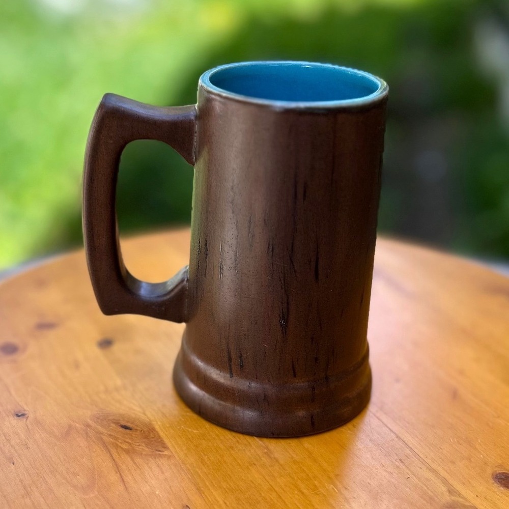 Vintage Faux Wood Beer Stein Tankard Brown Turquoise Large CCP Ceramic Ex Large